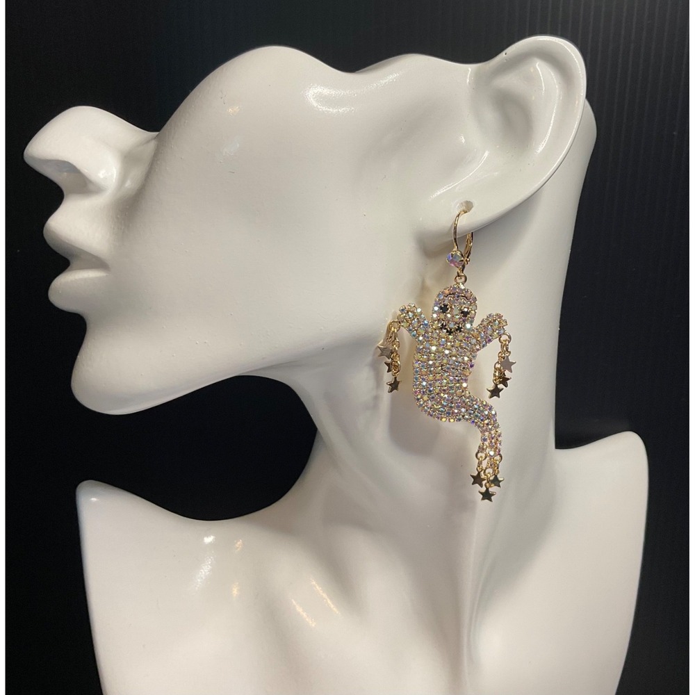 SIGNED KIRKS FOLLY GHOST STARS PIERCED DANGLE EARRINGS HALLOWEEN 3"Hang GOLDTONE